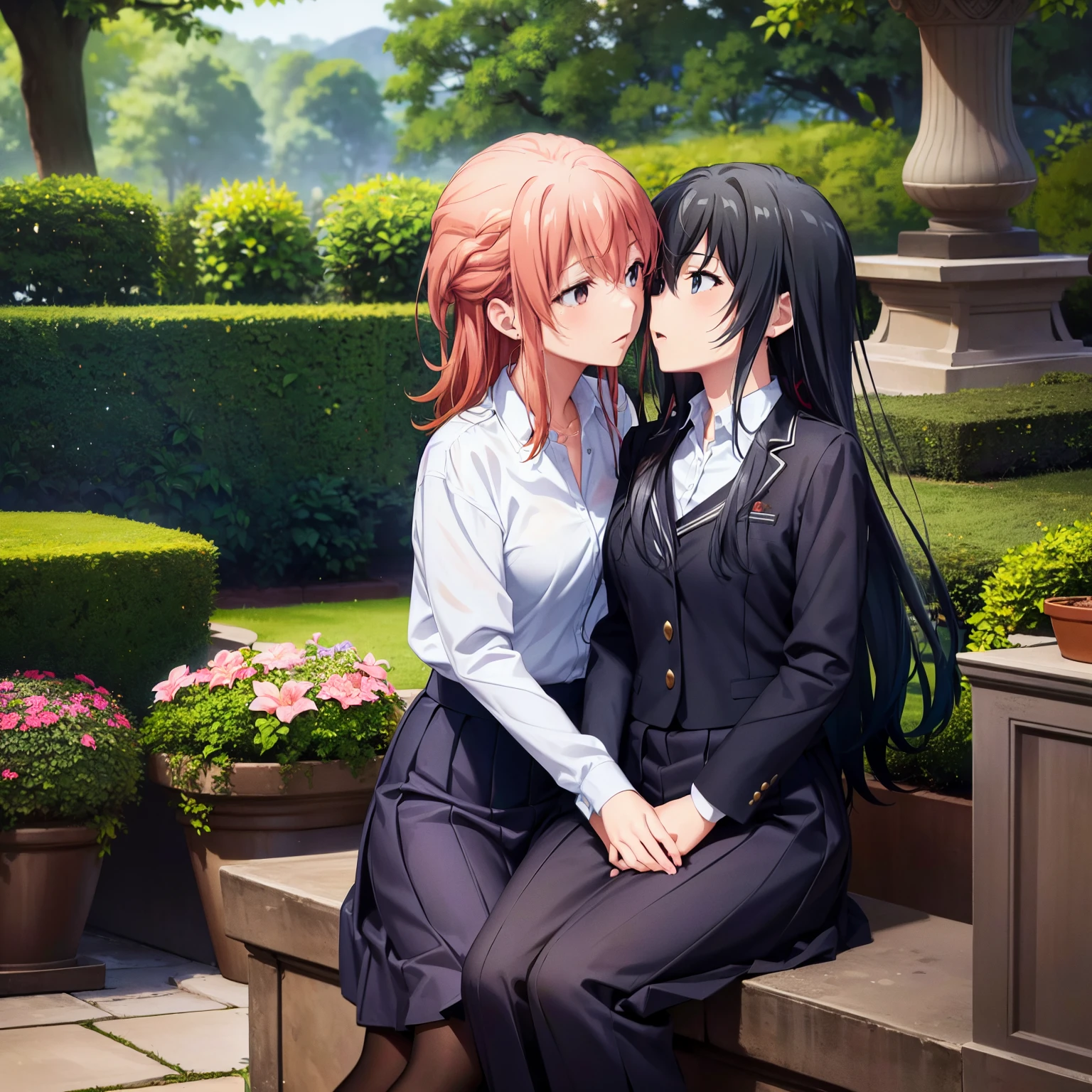 (Highest quality,4K,8k,High resolution,masterpiece:1.2),Very detailed,),Yukinoshita Yukinoshita and Yui Yuigahama share an intimate kiss in a beautiful garden scene,bright colors and soft lighting. Two girls are wearing stylish uniforms, their eyes were filled with admiration and love. Yukino's lips are gently pressed against Yui's.。,