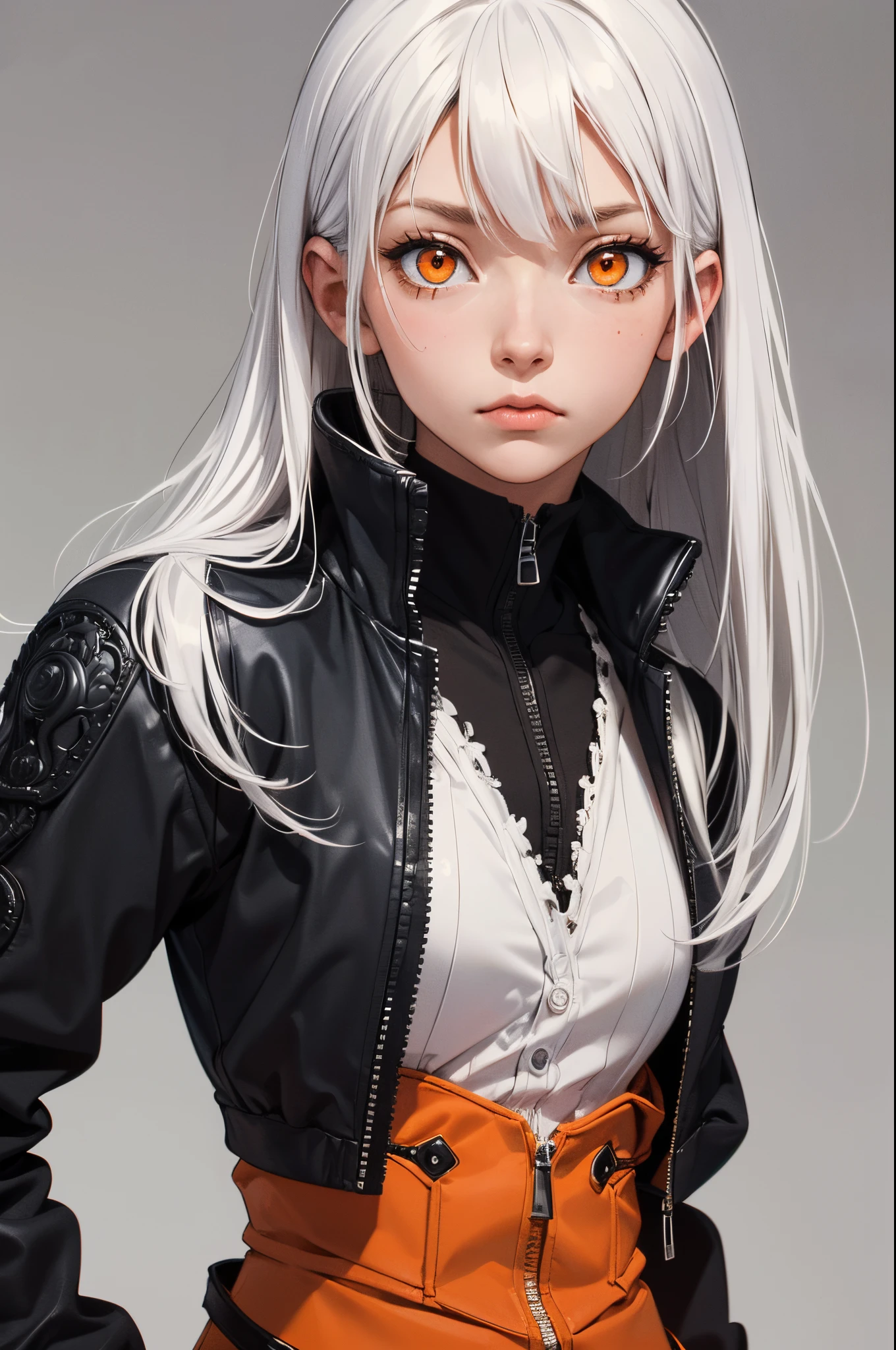 style of Tsutomu Nihei,(incredibly absurdres, (high resolution:1.18), intricate detail, (masterpiece:1.1), (highest quality:1.1), absurdres),(1girl, portrait, white hair, orange eyes, long hair, detailed eyes),