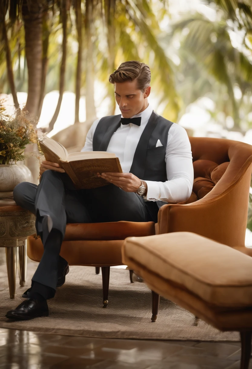 A photo of Armond lounging on a plush, oversized chair, reading a well-worn copy of F. Scott Fitzgerald's 'The Great Gatsby.',original,Armond, a character from the TV series “The White Lotus,” is portrayed as a suave and sophisticated resort manager, with a meticulously groomed appearance, often seen in his crisp, professional uniform that adds to his air of authority and composure. His sharp, angular features and intense gaze give him a charismatic yet somewhat inscrutable presence, perfectly fitting his role in the luxurious resort setting. He works at the White Lotus resort in Hawaii. , male