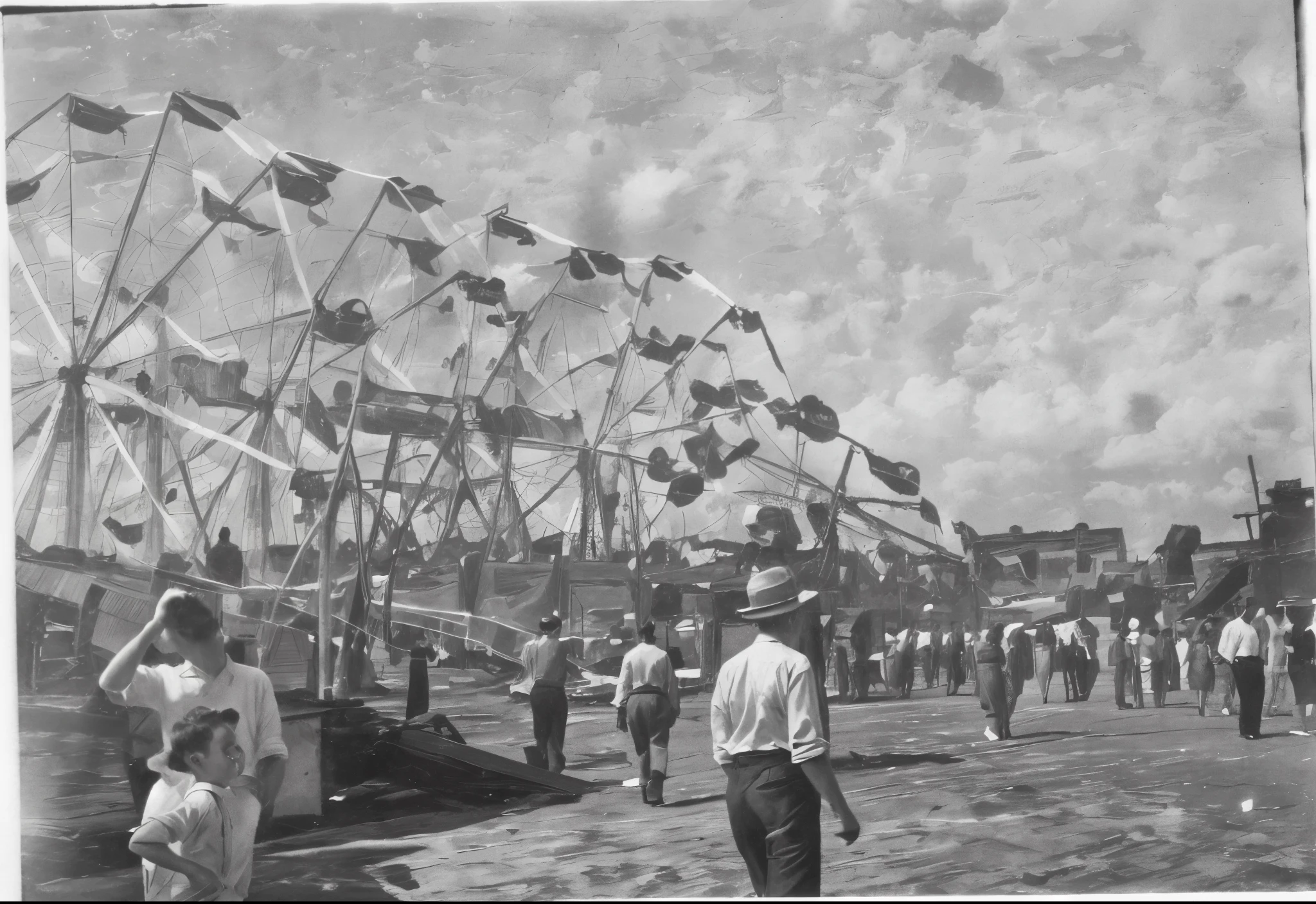 araffature of a carnival with people walking around it, outdoor fairgrounds, 1 9 4 8 photo, 1 9 4 0 setting, photo 1960, 1 9 3 8 photo, early black and white photo, curiosities carnival fallout, 1 9 4 0 picture, photo from 1940s, an amusement park in old egypt