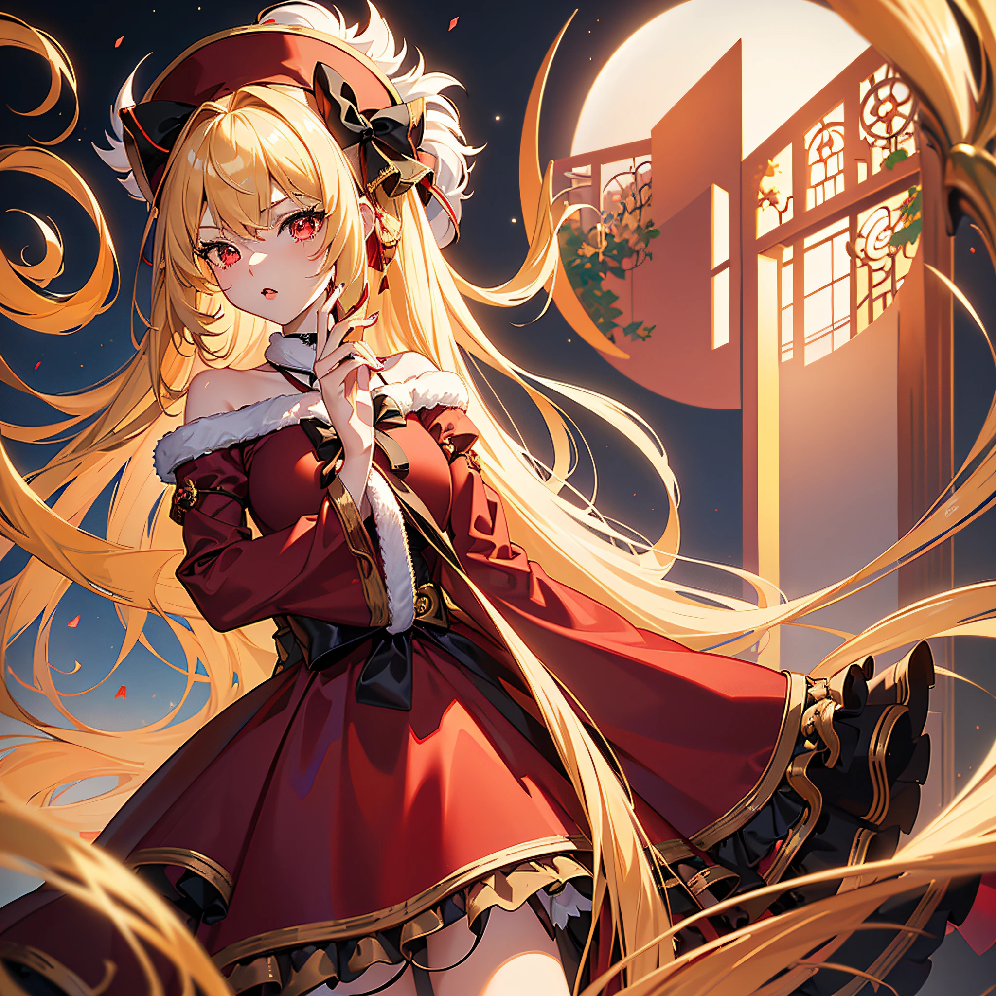 anime, (masterpiece, best quality, ultra-detailed), (beautiful detailed face), full body, high contrast, 1 girl (solo, Yue, Arifureta, Blond hair, long flowing hair, (black hairbow), high detail eyes, glowing red ruby eyes, Santa Hat, crimson furry dress)