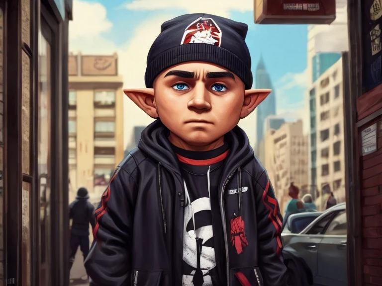 A Gnome that looks like singer Eminem, usando roupas Streetwear