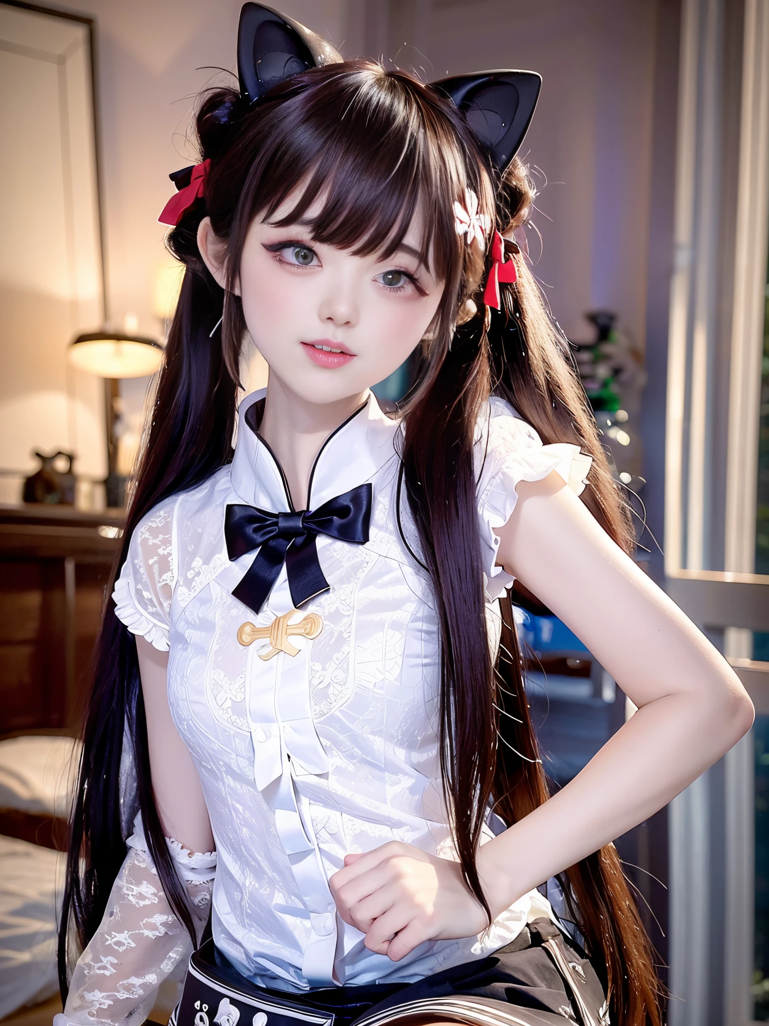 ulzzang-6500-v1.1,Cowboy Shot,(RAW photos, highest quality,high quality,high definition), (realistic, photorealistic), ultra detail, (front lighting), physically based rendering, normal proportions, ((1 girl)), (high detail skin: 1.3), sloping head, detail eyes, air bang, Chinoise architecture, brown hair, blush, doya face, straight long twin tails, cat ears, sailor suit