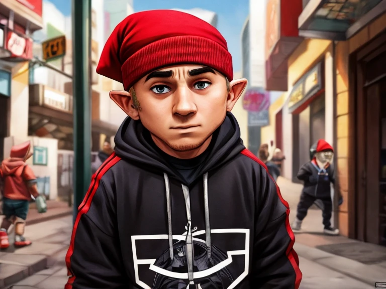 A Gnome that looks like singer Eminem, usando roupas Streetwear