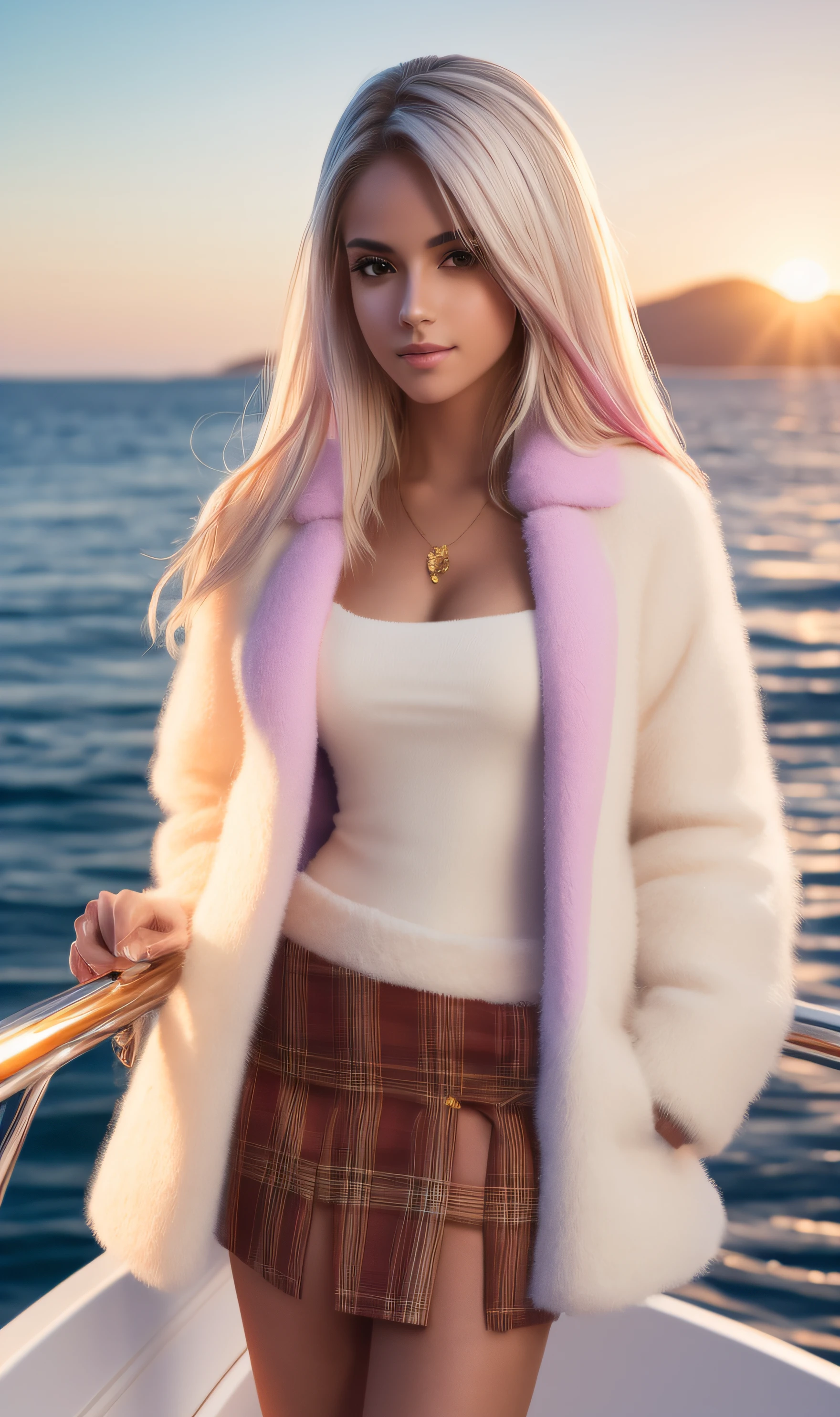 Clear Focus, Perfect focus, Graceful girl,masterpiece of beauty art, beautiful young hispanic girl with brown eyes and long white hair, Lush hairstyle, in a short plaid orange and white miniskirt and a fluffy short pink fur coat,I&#39;m standing on a golden yacht, Bright sun, blue sky with purple flowers , colored smoke behind her, high skin detail, Clean skin, High Quality 8K, 12), 36 mm