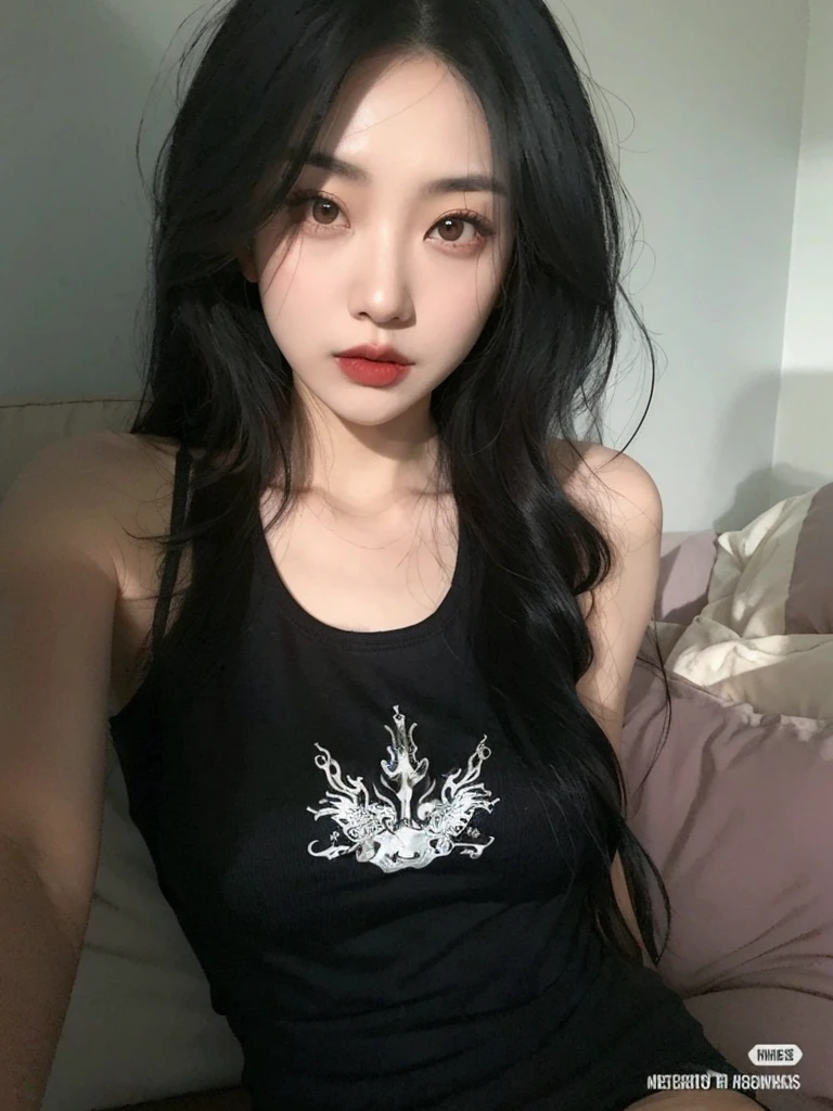 Arafed asian woman with long black hair and a black tank top, cruel korean goth girl, Ulzzang, goth girl aesthetic, pale goth beauty, menina coreana, gothic aesthetic, 1 7 -  - old h girl, com cabelos longos e olhos penetrantes, linda mulher coreana jovem, Mulher sul-coreana bonita, com cabelos longos, she is wearing a black tank top