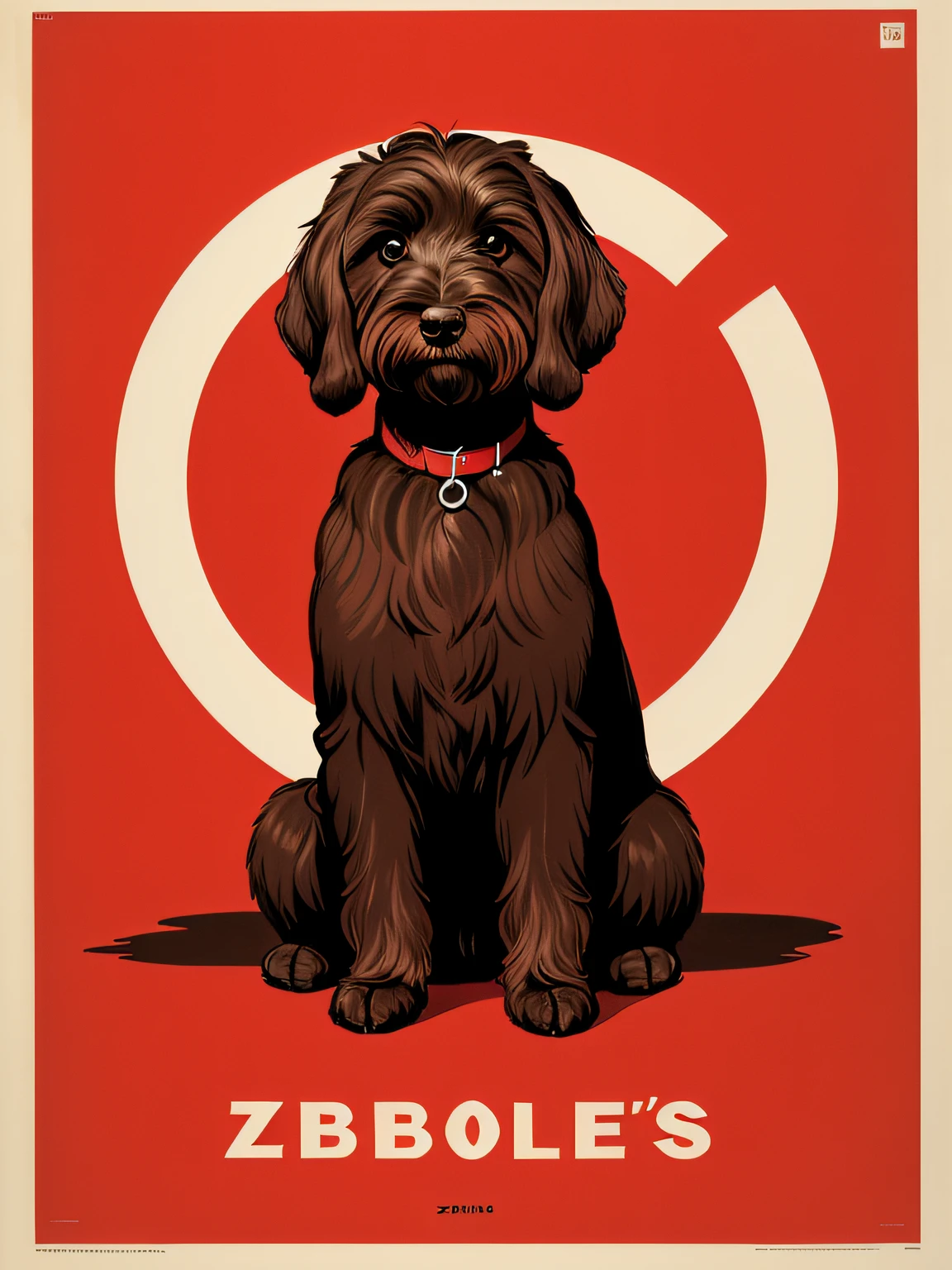 ink poster, 1950's advertisement for a chocolate labradoodle, simple color palette, swiss graphic design, simple pictures, bold colors, english letters, (title is written as "ZNB-3")