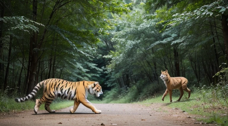 A tiger is following a fox in the forest. Long Shot. Cinematic.