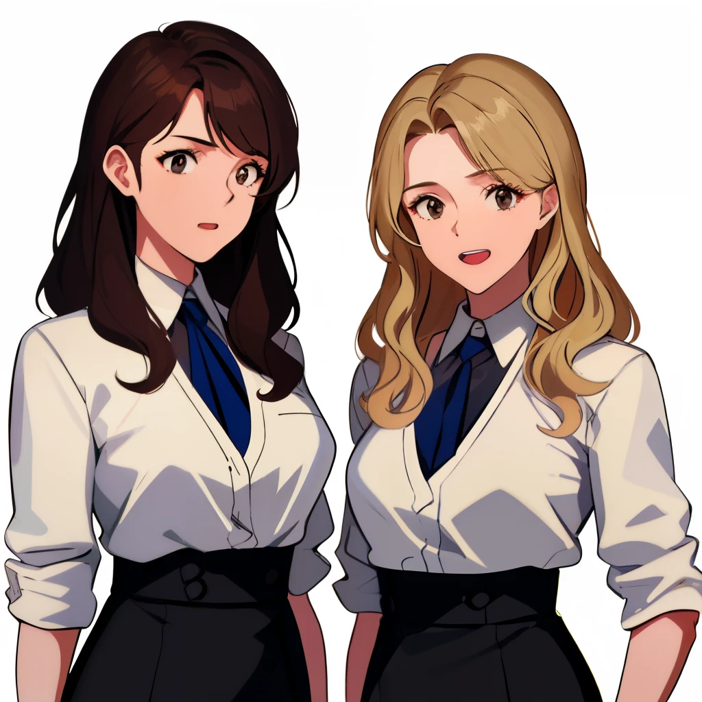 2girls, duo, twins, standing shoulder-to-shoulder, secretary outfits, teenage woman, brown hair, blonde hair, long curly hair, hair down, hazel eyes, white background