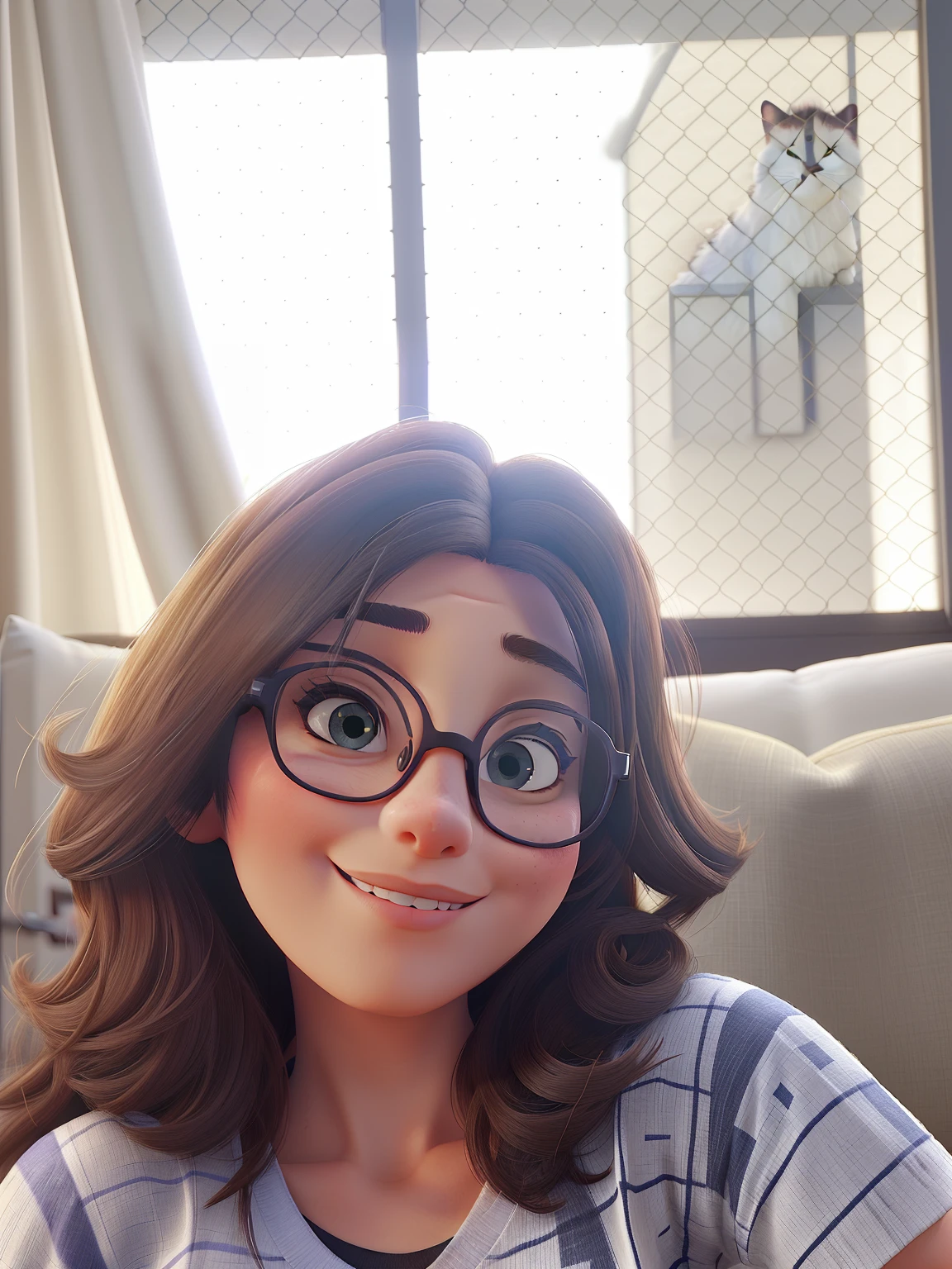 Beautiful woman, 40 anos, cabelo castanho liso, olhos castanhos escuros, glasses, vestindo uma camiseta com um gato desenhado nela