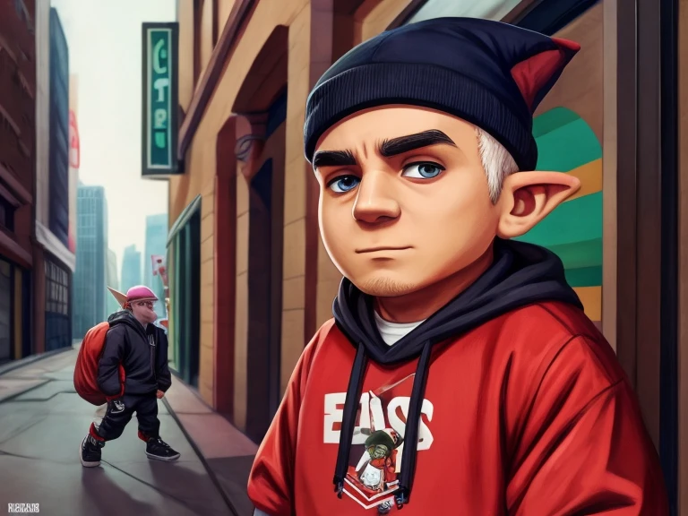 A Gnome that looks like singer Eminem, usando roupas Streetwear