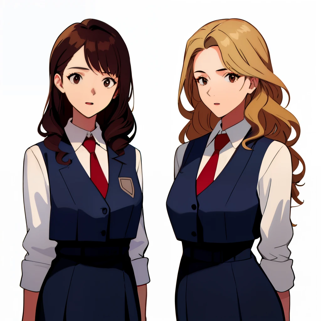 2girls, duo, twins, standing shoulder-to-shoulder, secretary outfits, teenage woman, brown hair, blonde hair, long curly hair, hair down, hazel eyes, white background