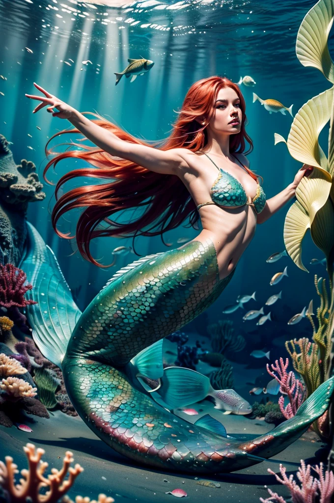 John William Waterhouse, The mermaid (1901)(professional 3d render:1.3) ((Mermaid swims all over)) (Realistic:1.3) most beautiful artwork photo in the world,(((Red hair))), (( green eyes)), red hair, Caucasians, ((long mermaid tail)), (((Detailed mermaid fins))), full bodyesbian, sport, Features: Soft and shiny, ((Epic mermaid fantasy long hair in dynamic pose,Full tail, Fantastic location, Majestic cluttered environment)), full body 8k unity render, action shot, skin pore, heavyshading, Detailed, Detailed face, (vibrant, photograph realistic, Realistic, Dramatic, Dark, Sharp focus, 8K), (fish scales:1.4), ((((Mermaid tail)))), (Intricate:1.4), decadent, (Highly detailed:1.4), Digital painting, rendering by octane, art stations, concept-art, smooth, Sharp focus, illustration, Art germ, (loish:0.23), (Global illumination, Studio light, volumettic light), Underwater, Ocean, lotr, fantasy, mermaid, ((Sea backgroun:1.3)),CGSesociety,art stations