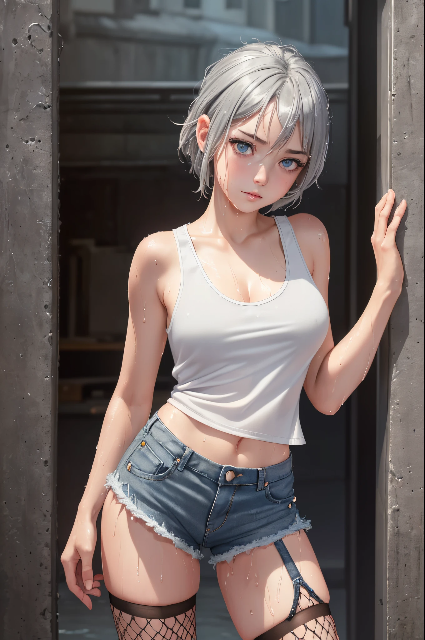 (High-res), (HQ), (8K), (HDR), (high contrast), (realistic), (cute innocent 18 years old female), (grey hair), (grey eyes), (detailed eyes), (detailed face), (detailed body), (detailed realistic skin textures), (wet white tank top:1.2), (short denim shorts), (fishnets:1.2).