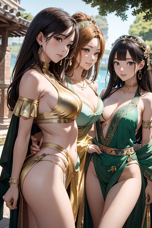 Best Quality, masutepiece, 超A high resolution,three goddesses of roman mythology, Extreme Detail, 4K,Shot from the side、Let's dance in a bright paradise、