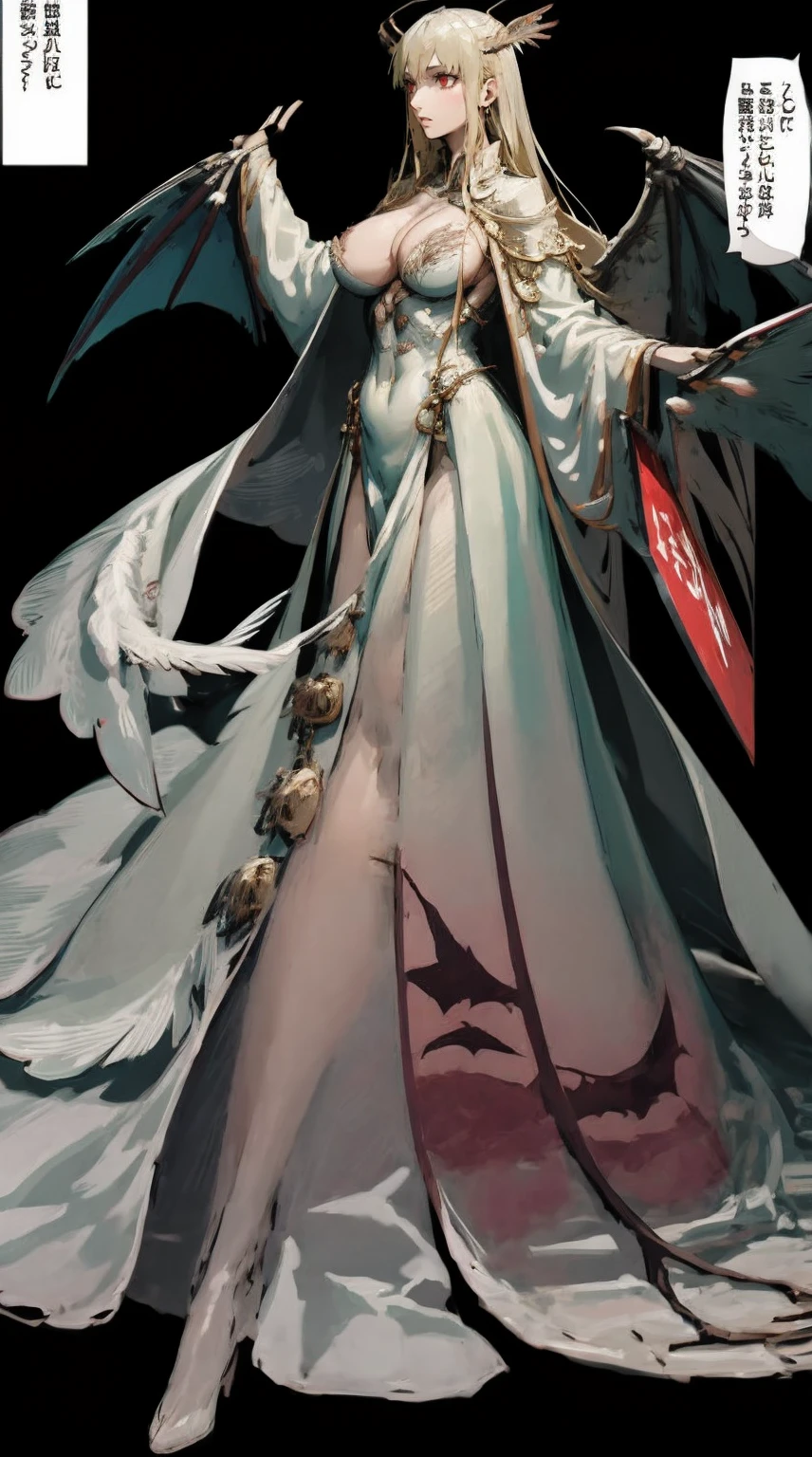 morrigan aensland, blond hair, tunic, pants, sensual curvs, curvy, huge breast, priestess,red eyes, feathered wings,angel halo, horns, standing ,full body, religious, prirestess, Trigger Words: hjy, a green and white dress with a bird on it hjy, a dress with a long train and a cape hjy, a woman in a red and white dress and a red and white robe