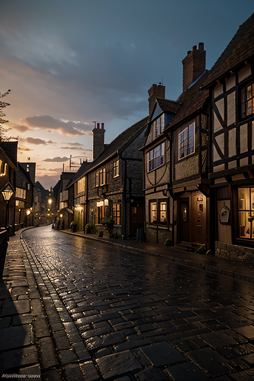 Street of a medieval fantasy city, At dawn, Dark, 4k, Highly detailed