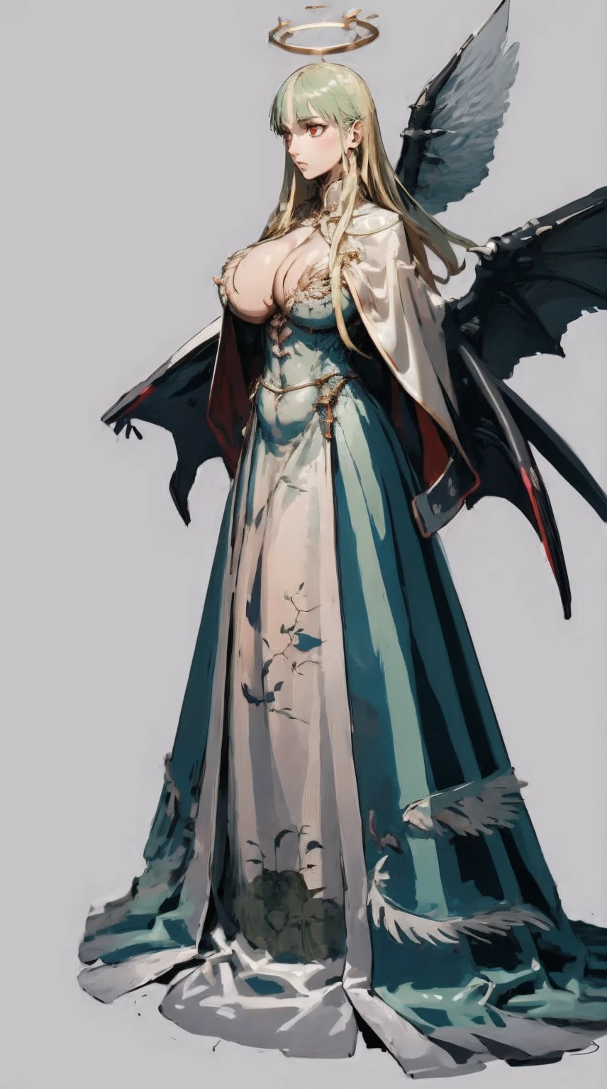 morrigan aensland, blond hair, tunic, pants, sensual curvs, curvy, huge breast, priestess,red eyes, feathered wings,angel halo, horns, standing ,full body, religious, prirestess, Trigger Words: hjy, a green and white dress with a bird on it hjy, a dress with a long train and a cape hjy, a woman in a red and white dress and a red and white robe, refsheet