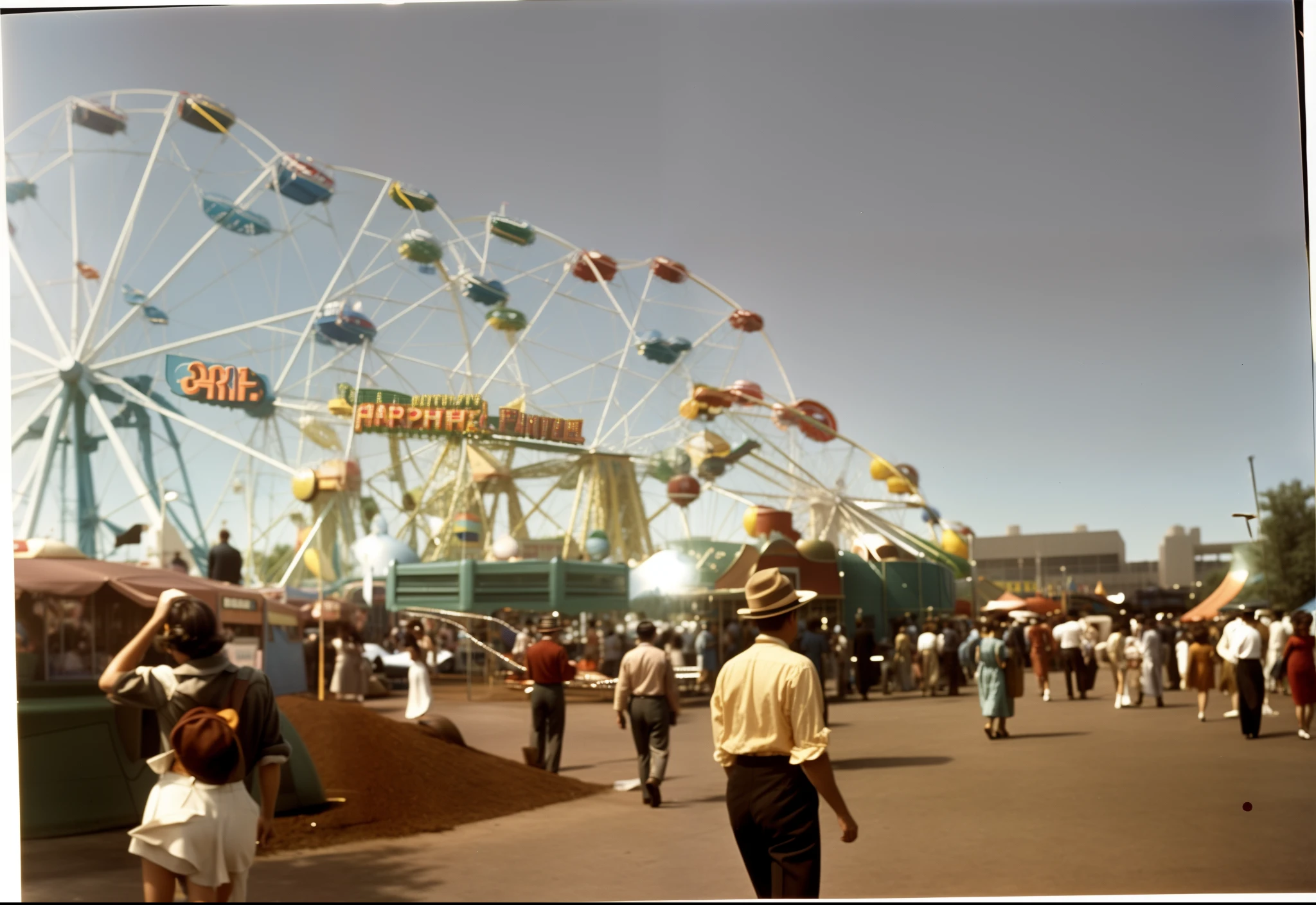 people are walking around a fair with a ferris wheel in the background, 1960s american world's fair, photo taken with ektachrome, outdoor fairgrounds, ektachrome color photograph, 1960s color photograph, curiosities carnival fallout, kodak kodachrome 400, ( ferris wheel ), kodachrome photo, old color photograph