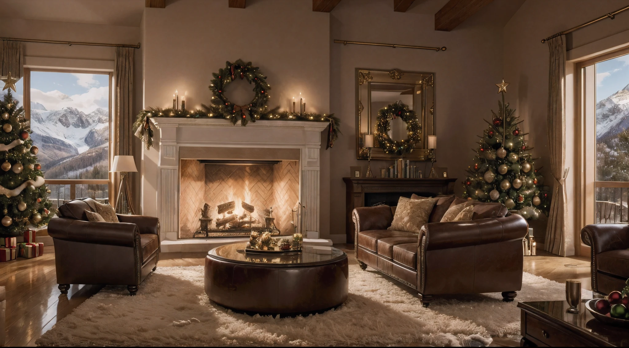 luxury lounge,large christmas decorations, tree, sofas, fireplace without fire, large windows, snowy mountains,4k,ultra-detailed,realistic,professional,vivid colors,physically-based rendering,portraits,bokeh,warm color tones,soft lighting