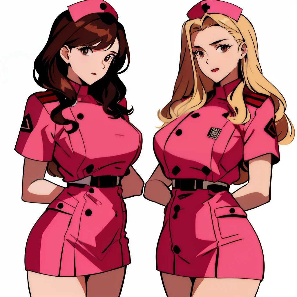 2girls, duo, twins, standing shoulder-to-shoulder, sexy nurse outfits, teenage woman, brown hair, blonde hair, long curly hair, hair down, hazel eyes, white background