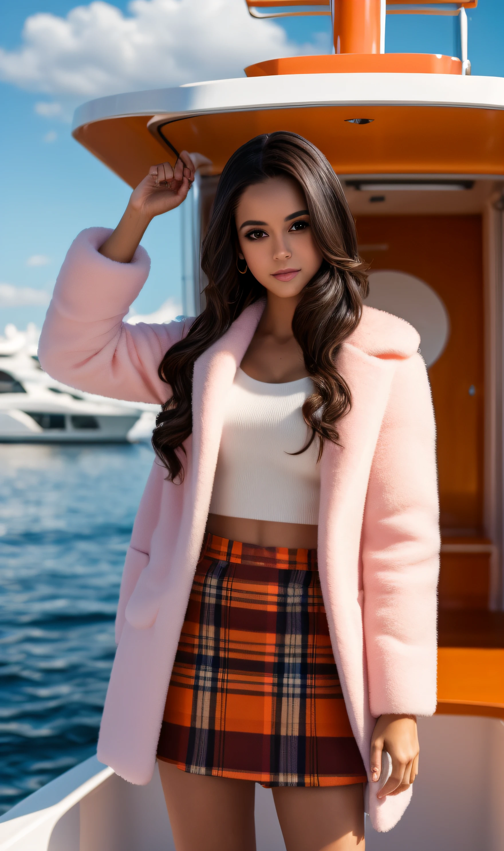 Clear Focus, Perfect focus, Graceful girl,masterpiece of beauty art, beautiful young hispanic girl with brown eyes and long dark hair, Lush hairstyle, in a short plaid orange and white miniskirt and a fluffy short pink fur coat,I&#39;I&#39;m standing on a golden yacht, Bright sun, blue sky with purple flowers , colored smoke behind her, high skin detail, Clean skin, High Quality 8K, 12), 36 mm