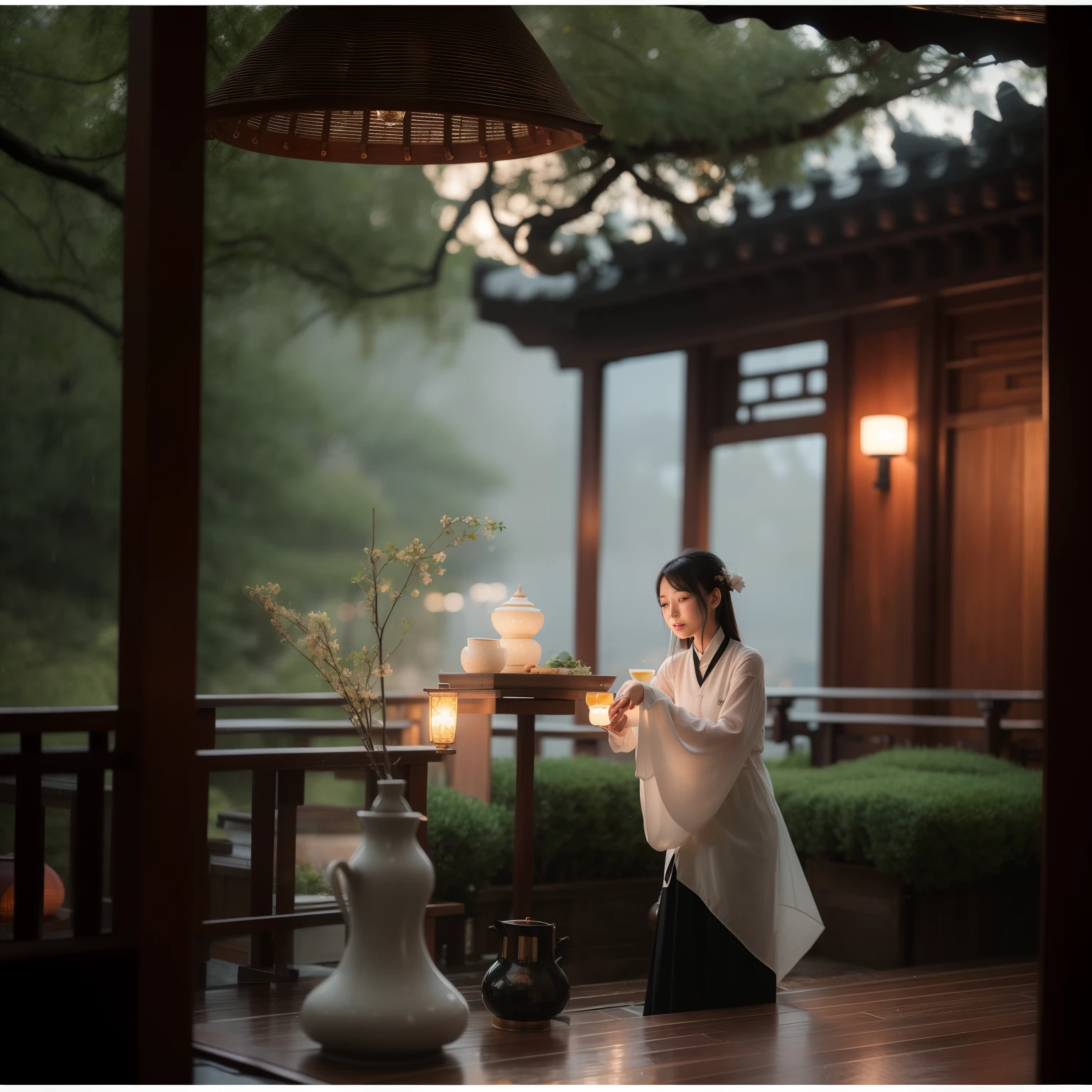 there is a teapot and a teapot on a table, atmosfera tranquila e serena, atmospheric beautiful details, Chinese style, tarde chuvosa, dentro em um dia chuvoso, ambiente acolhedor e tranquilo, rainy day outside, tea and paper lanterns, atmosfera sonhadora e drama, ambiente bonito, rainy outside, ambiente bonito, atmosfera deslumbrante, Directed by: Leng Mei