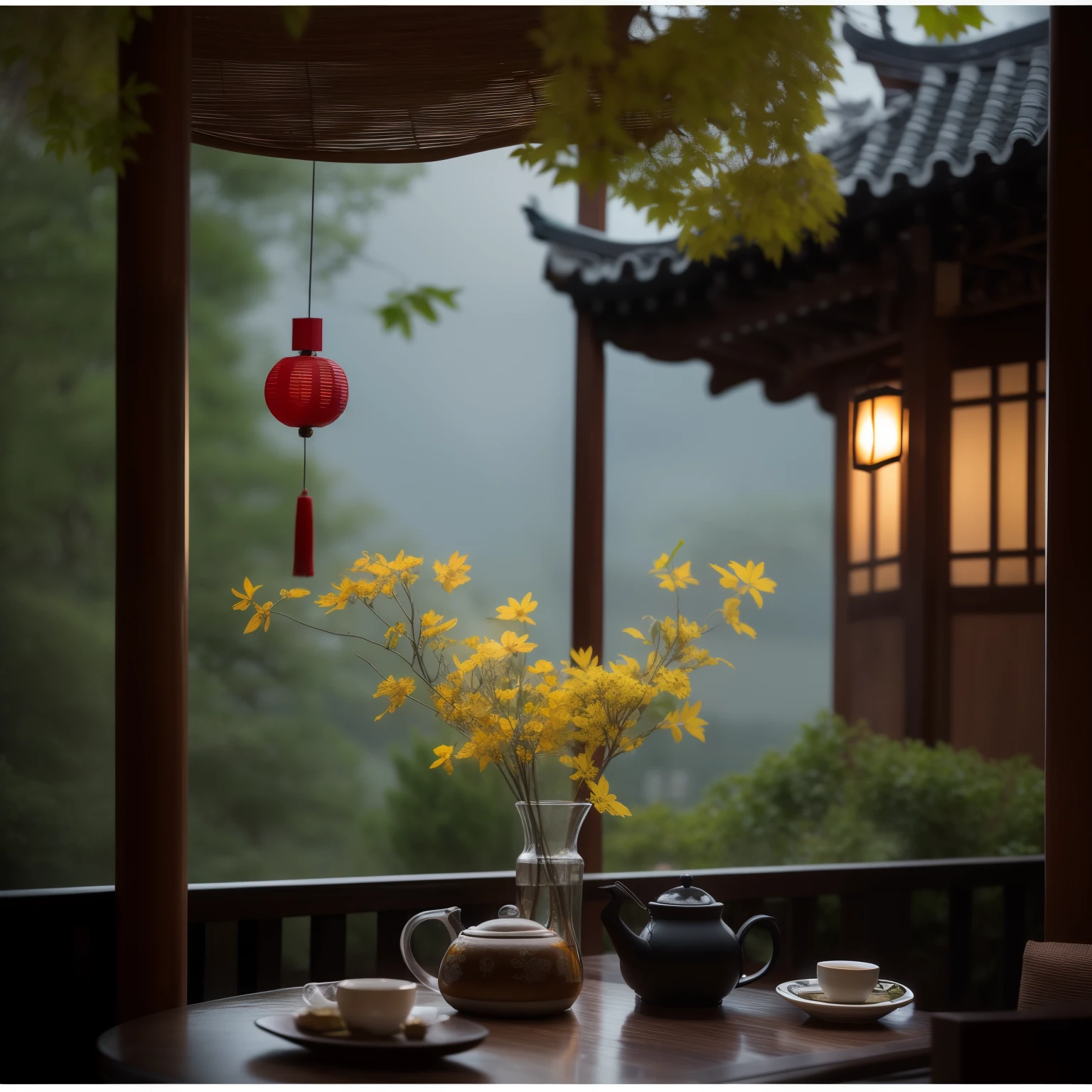 there is a teapot and a teapot on a table, atmosfera tranquila e serena, atmospheric beautiful details, Chinese style, tarde chuvosa, dentro em um dia chuvoso, ambiente acolhedor e tranquilo, rainy day outside, tea and paper lanterns, atmosfera sonhadora e drama, ambiente bonito, rainy outside, ambiente bonito, atmosfera deslumbrante, Directed by: Leng Mei