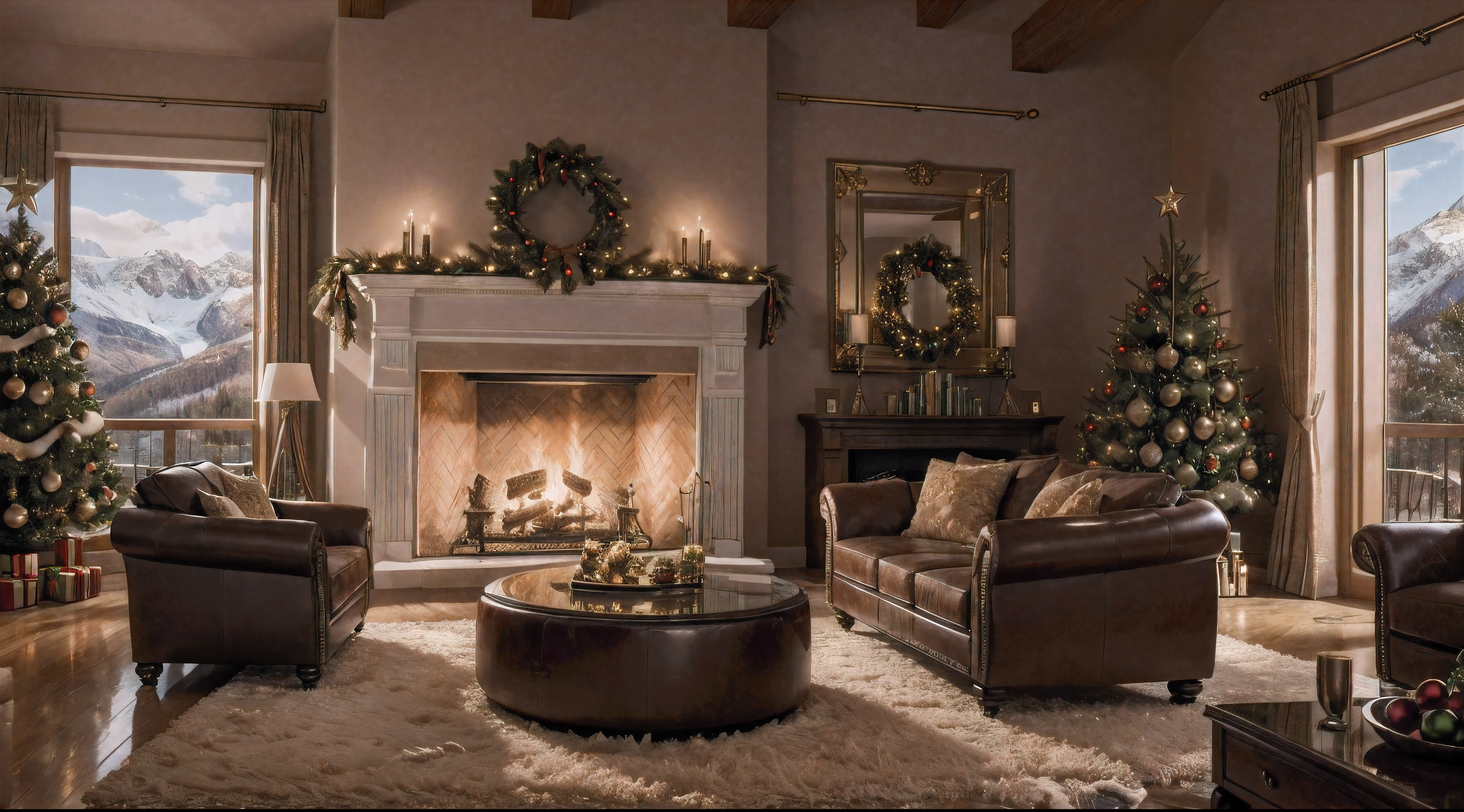 luxury lounge,large christmas decorations, tree, sofas, fireplace without fire, large windows, snowy mountains,4k,ultra-detailed,realistic,professional,vivid colors,physically-based rendering,portraits,bokeh,warm color tones,soft lighting