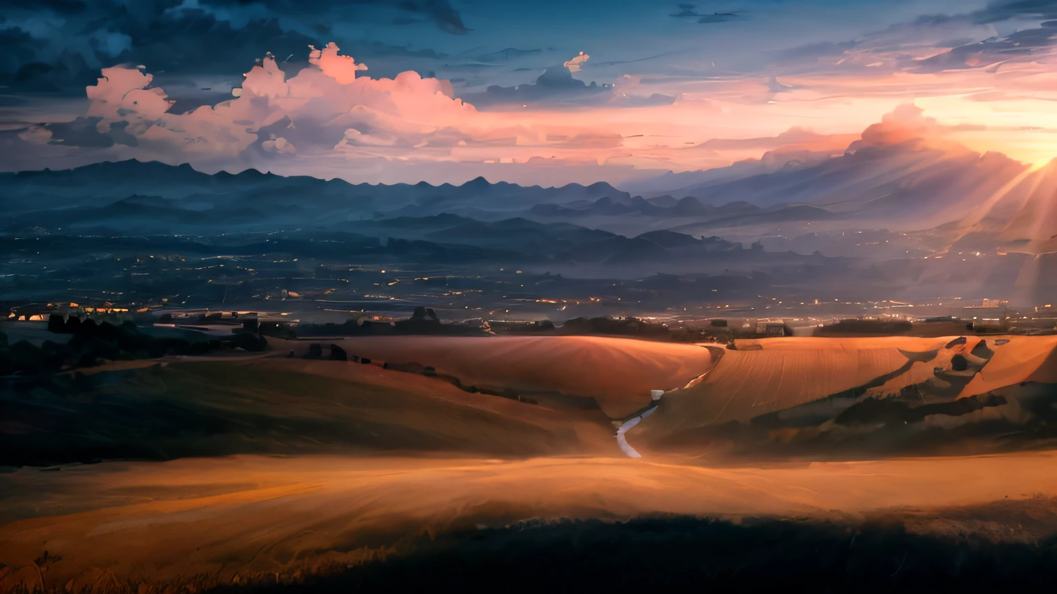 (masterpiece:1.3), (ultra-detailed, best-quality, highres:1.2), sunset cinematic landscape, sunset, city scape background, 8k, cinematic, beautiful landscape, dramatic clouds, golden hour, hills, fields, grass