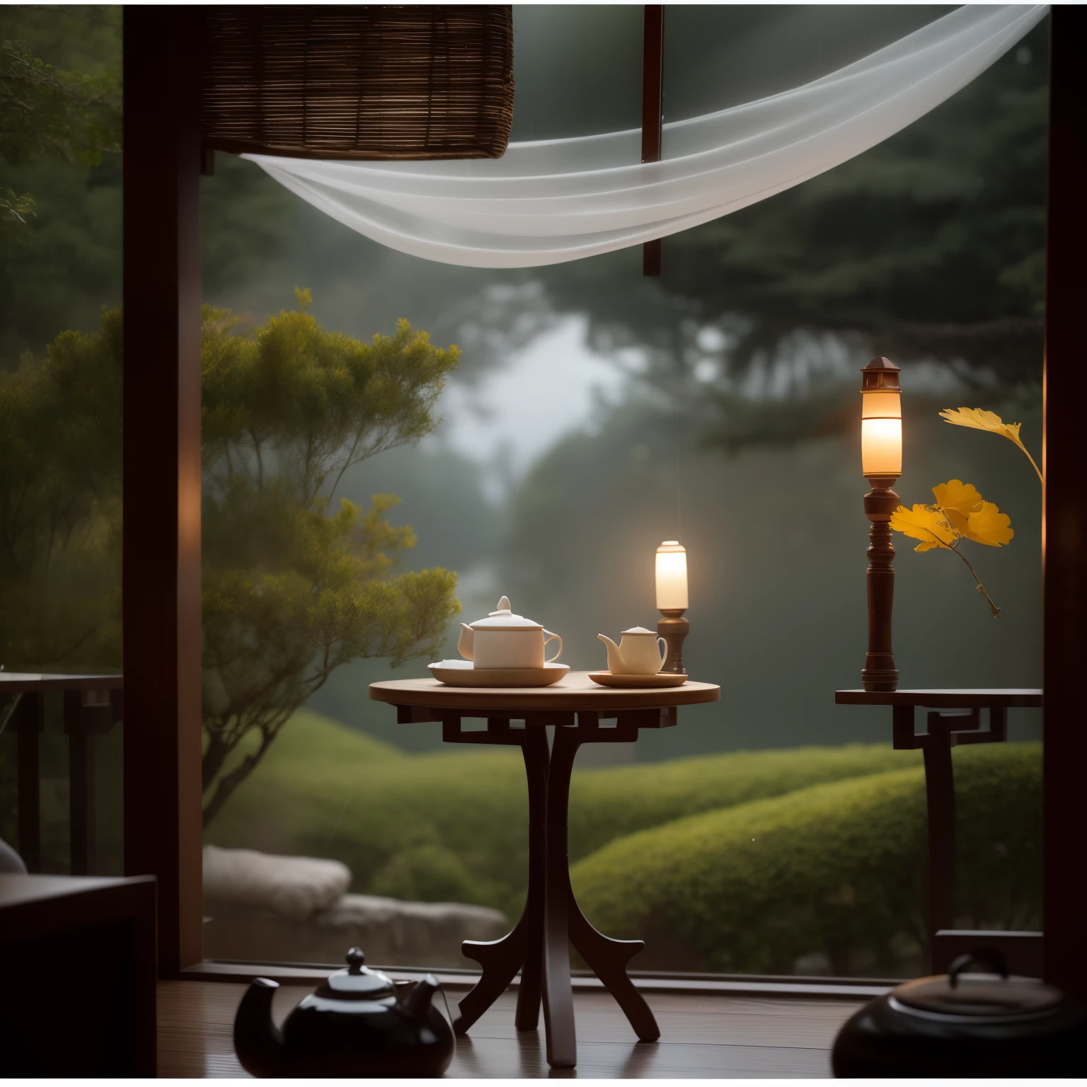 there is a teapot and a teapot on a table, atmosfera tranquila e serena, atmospheric beautiful details, Chinese style, tarde chuvosa, dentro em um dia chuvoso, ambiente acolhedor e tranquilo, rainy day outside, tea and paper lanterns, atmosfera sonhadora e drama, ambiente bonito, rainy outside, ambiente bonito, atmosfera deslumbrante, Directed by: Leng Mei