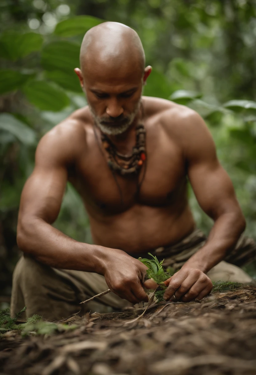 A photo of Survivor Man making natural insect repellent from wild plants.,original,Wears a Loin cloth, bald, white , messy appearance, male