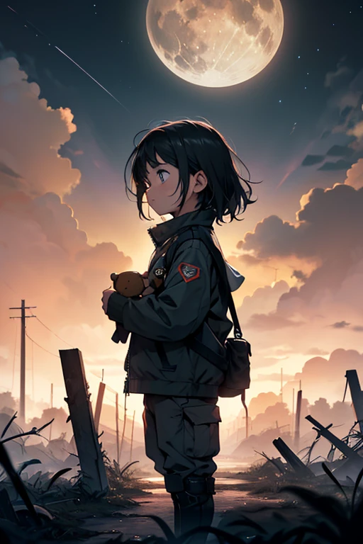 in a post apocalyptic world, the horizon reveals itself as an immense expanse of starry sky. The sky is shrouded in dark, menacing clouds, with the moon struggling to filter its light through the cracks. Human structures are reduced to ruins and confusion, and nature began to reclaim its space, with organic herbs and trees sprouting through cracks in the ground. In the center of this post-apocalyptic landscape, there is a lonely child. Eles parados em um pequeno monte de escombros, a ray of hope amidst destruction. Eles usam roupas esfarrapadas manchadas de poeira e cinzas, while lovingly holding a small teddy bear in their little hands. The child looks at the gloomy sky, your eyes conveying a mixture of innocence and determination. Seus cabelos desgrenhados tremulam ao vento, while the remains of a decaying world lined up behind them, testemunhas silenciosas de tempos melhores agora desapareceram. Despite the devastation that surrounds them, the child represents a fragile hope, mas preciosa, de um futuro melhor. Their presence symbolizes human resilience, the strength of childhood to face adversity, and the determination to build a new beginning, even in a post-apocalyptic world.