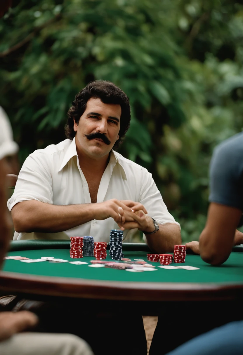 A photo of Escobar and his crew enjoying a game of poker in the backyard,original,Pablo Escobar, the infamous Colombian drug lord and leader of the Medellín Cartel, was often recognized for his stout build and mustachioed face. He typically dressed in casual attire, favoring simple polo shirts and slacks, which contrasted sharply with his immense wealth and power. His dark, brooding eyes and stern expression often gave him an intimidating presence, a reflection of his formidable status as one of the world’s most notorious criminals., male