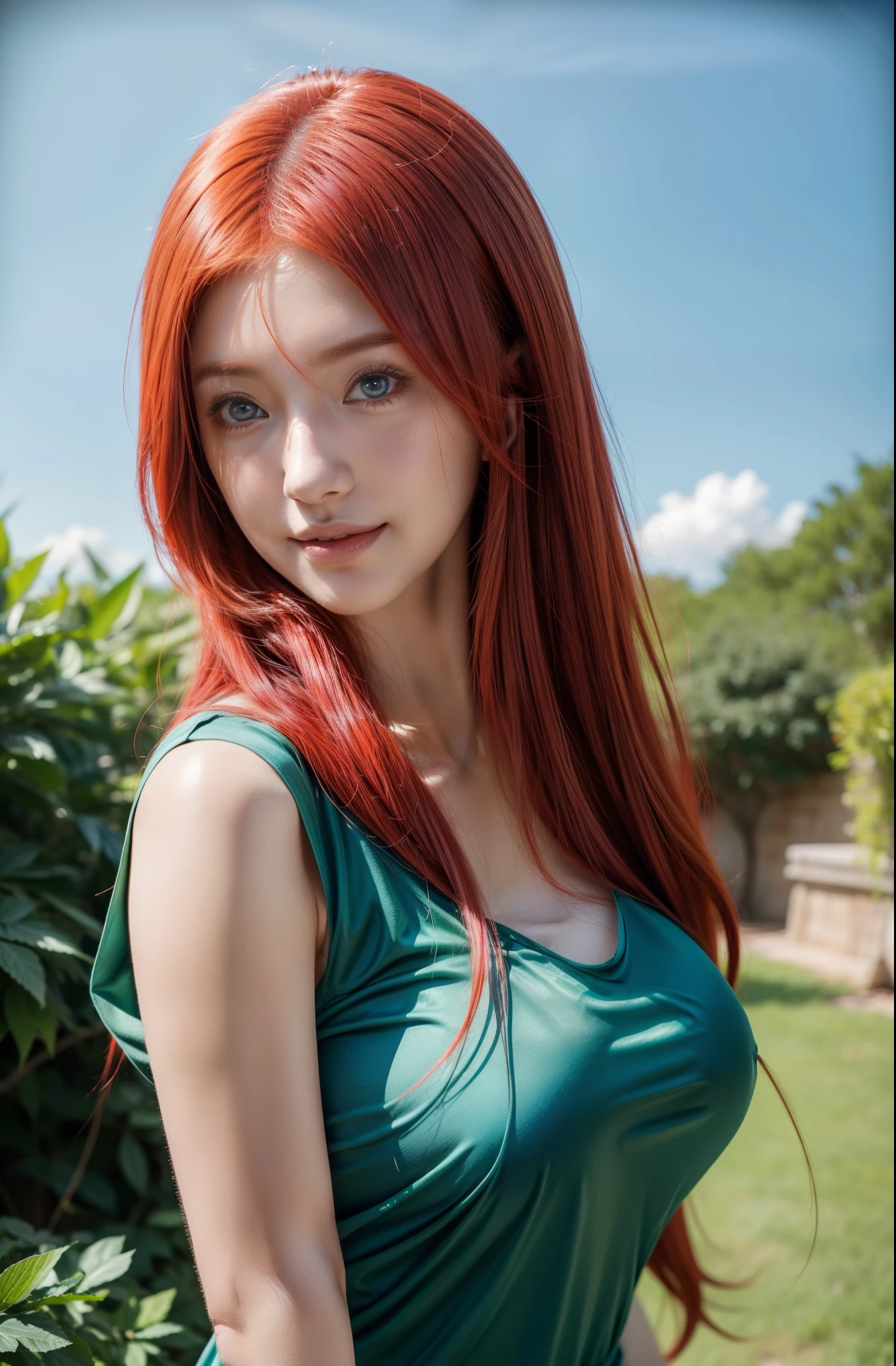 1girl, uzumaki kushina in anime naruto, long hair, red hair, blue eyes, smile, beautiful, sexy dress, sexy clothes, green clothes, very big breast, realistic clothes, detail clothes, outdoor background, ultra detail, realistic