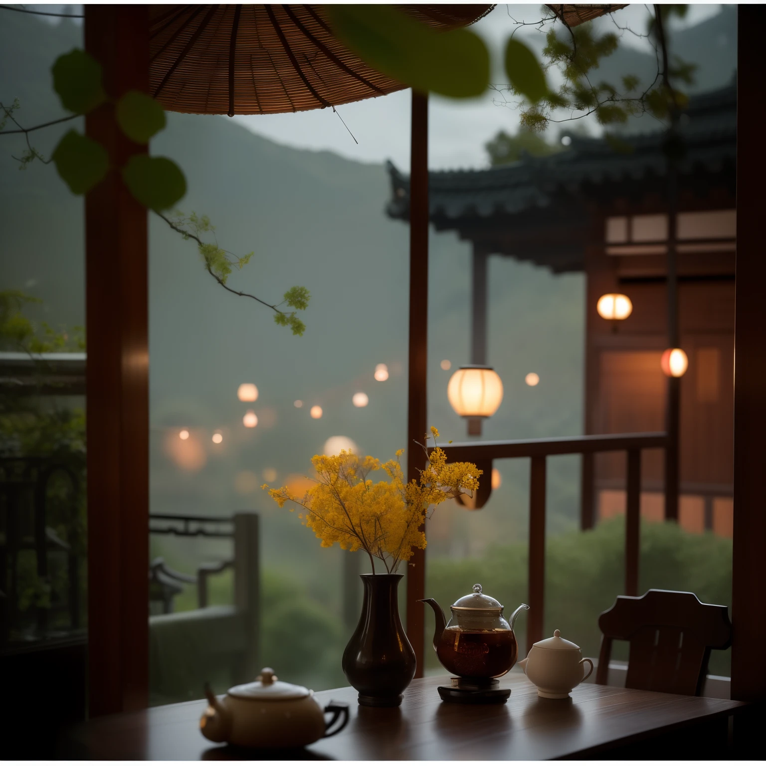 there is a teapot and a teapot on a table, atmosfera tranquila e serena, atmospheric beautiful details, Chinese style, tarde chuvosa, dentro em um dia chuvoso, ambiente acolhedor e tranquilo, rainy day outside, tea and paper lanterns, atmosfera sonhadora e drama, ambiente bonito, rainy outside, ambiente bonito, atmosfera deslumbrante, Directed by: Leng Mei