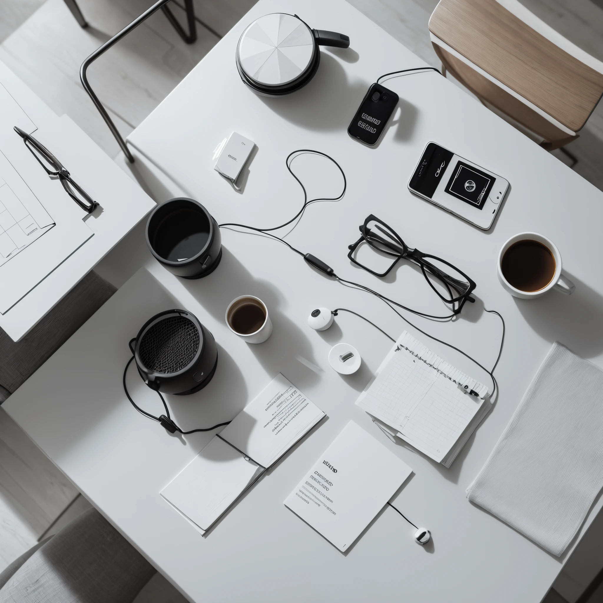 organized studio table, with microphone, cell phone and a cup of coffee, professional podcast, aerial angle, focusing on the table elements, soft, klean, delicate, elegant ultra-realistic aspect, 8k, 4D cinema, professional image, contrast, room background meeting room with white walls, klean business office, organized