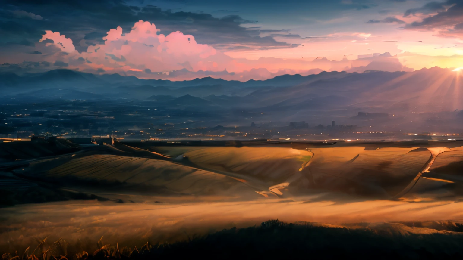 (masterpiece:1.3), (ultra-detailed, best-quality, highres:1.2), sunset cinematic landscape, sunset, city scape background, 8k, cinematic, beautiful landscape, dramatic clouds, golden hour, hills, fields, grass