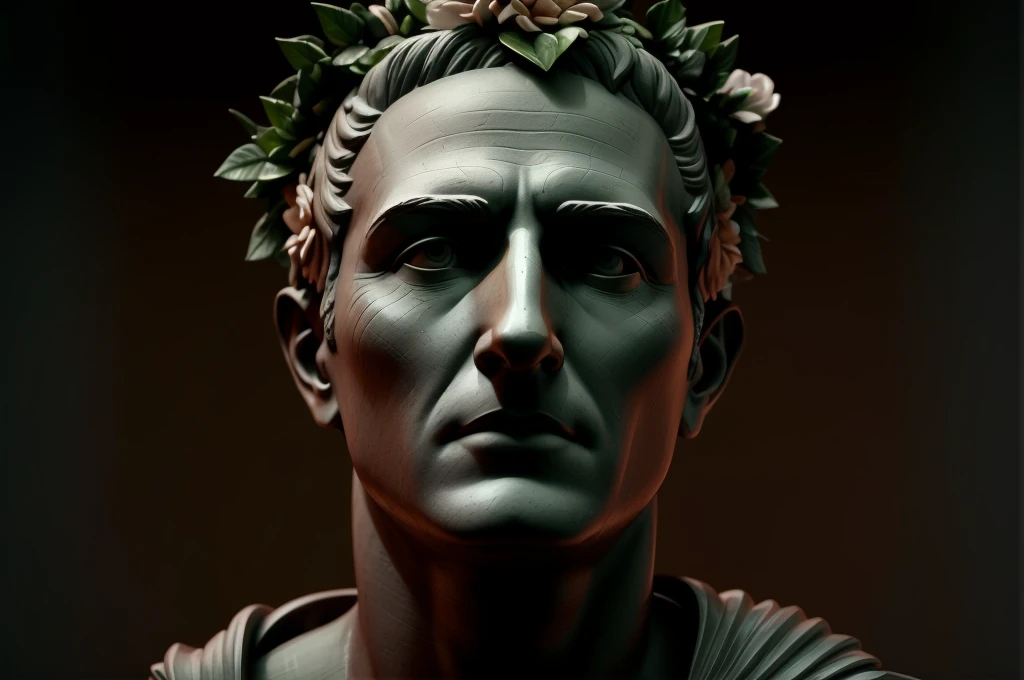 a close up of a statue of a man with a wreath of flowers on his head, cinematic bust portrait, escultura realista de 8k bernini, inspirado em Pogus Caesar, 3 d escultura 8 k octano render, Imperador Romano, cinematic bust shot, rosto estoico, inspirado em Caesar van Everdingen, 3 d escultura octano render 8 k, Retrato VFX altamente detalhado