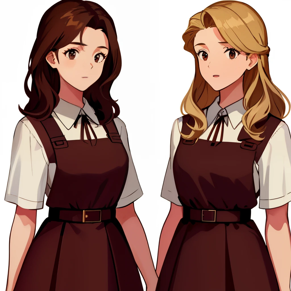 2girls, duo, twins, standing shoulder-to-shoulder, country girl outfits, teenage woman, brown hair, blonde hair, long curly hair, hair down, hazel eyes, white background