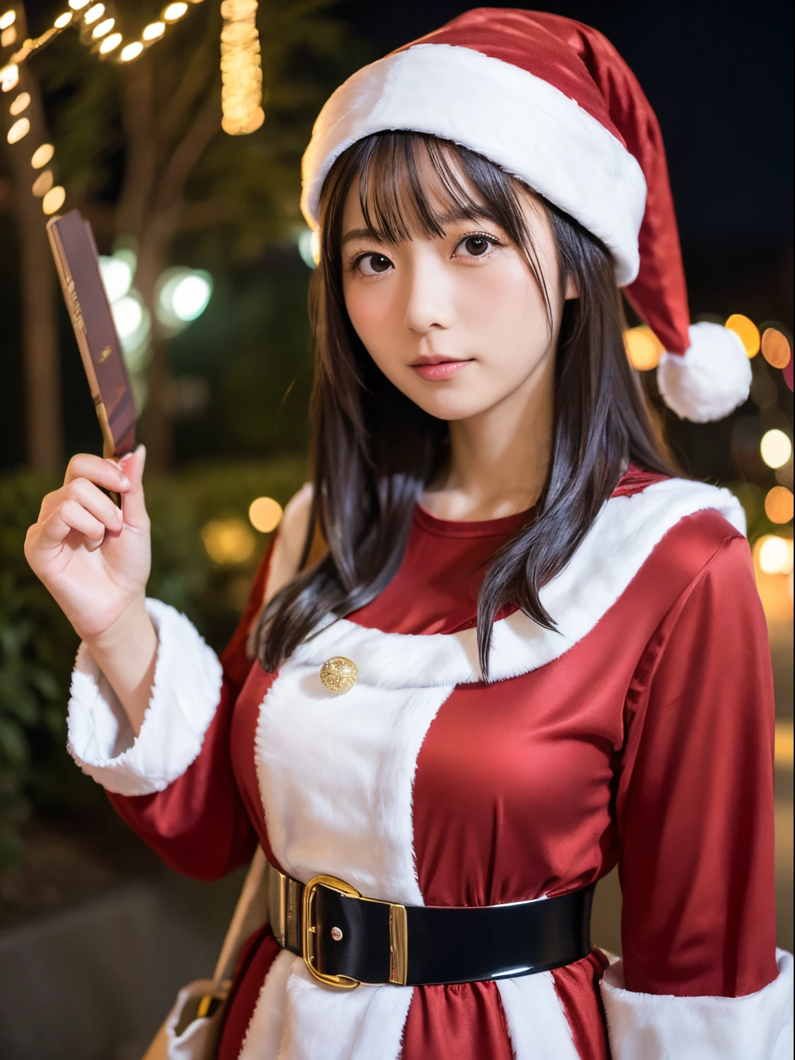 A Japanese Lady，Beautuful Women，(((Girl dressed as Santa Claus)))，Night，illuminations，surrealism, F/1.2, Fuji Film, 35 mm, 8K, Super Detail, nffsw, masutepiece, Textured skin, High quality, Best Quality, hard disk