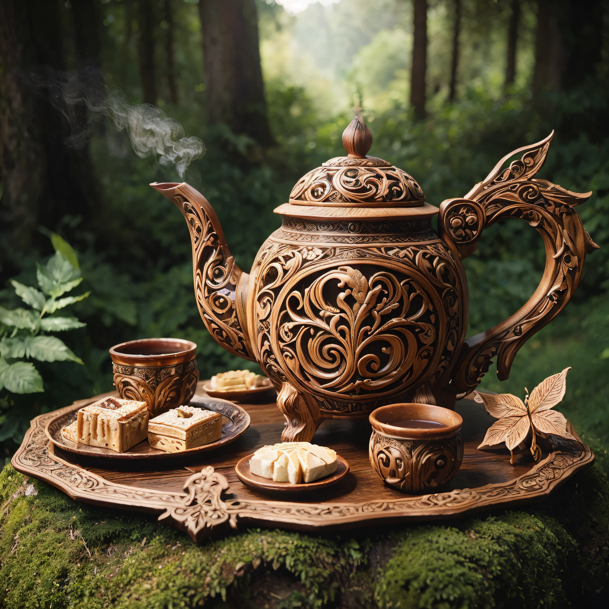 A gorgeously intricate carved wooden tea set, with Elvish detailing. In sylvan surroundings. There is a wisp of steam coming from the teapot, and some tasty treats on the tea tray. Kodak Portra photo style.