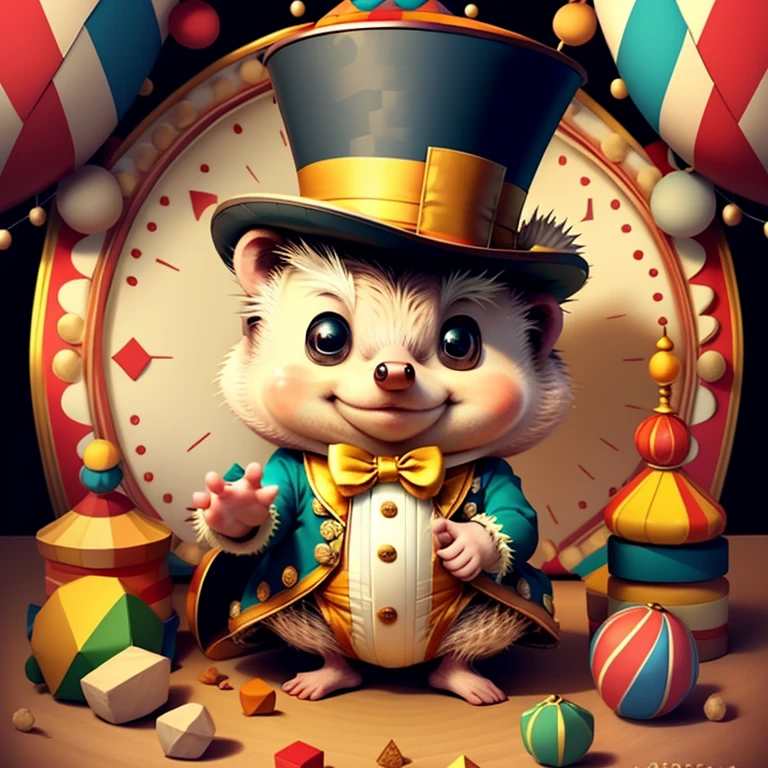 (cute baby Hedgehog with a top hat playing in the circus), Munchkin ,Geometric multidimensional wall portrait, livro de arte, Tchibi,
Yang08k, Beautiful, Colouring,
Obras, of the highest quality, best quality, Arte Oficial, Beautiful and Aesthetic,