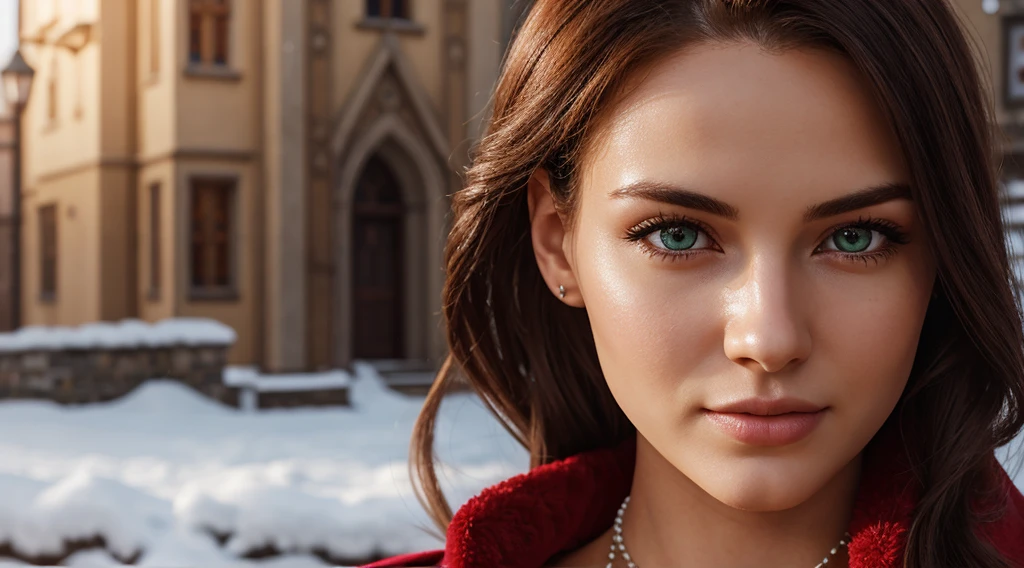 RAW, professional photograph, medium shot, photorealistic, realistic lights, realistic shadows, hyper-realistic, ray tracing, super detail, UHD, 8k, female, twenty years old, athletic body, soft facial features, long hair, straight hair, crimson hair, crimson eyes, bear fur coat, emerald necklace, winter, medieval town