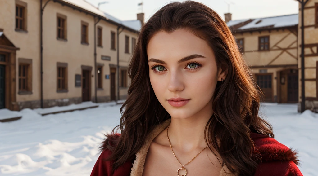 RAW, professional photograph, medium shot, photorealistic, realistic lights, realistic shadows, hyper-realistic, ray tracing, super detail, UHD, 8k, female, twenty years old, athletic body, soft facial features, long hair, straight hair, crimson hair, crimson eyes, bear fur coat, emerald necklace, winter, medieval town