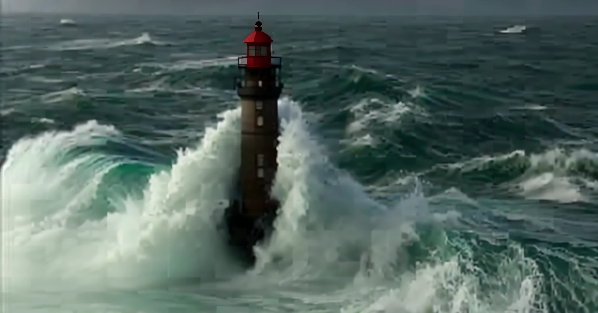 farol arafado no meio de um oceano agitado com luz vermelha, violent stormy waters, standing in a maelstrom, em mares agitados com ondas grandes, ondas imponentes, farol, choppy waters, altamente turbulento, mares agitados, mar agitado, farol, 8k)), rough waves, inspirado em Storm Thorgerson, alta qualidade de imagem, choppy water
