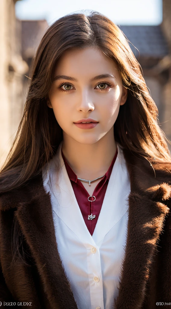 RAW, professional photograph, medium shot, photorealistic, realistic lights, realistic shadows, hyper-realistic, ray tracing, super detail, UHD, 8k, female, twenty years old, athletic body, soft facial features, long hair, straight hair, crimson hair, crimson eyes, bear fur coat, emerald necklace, winter, medieval town