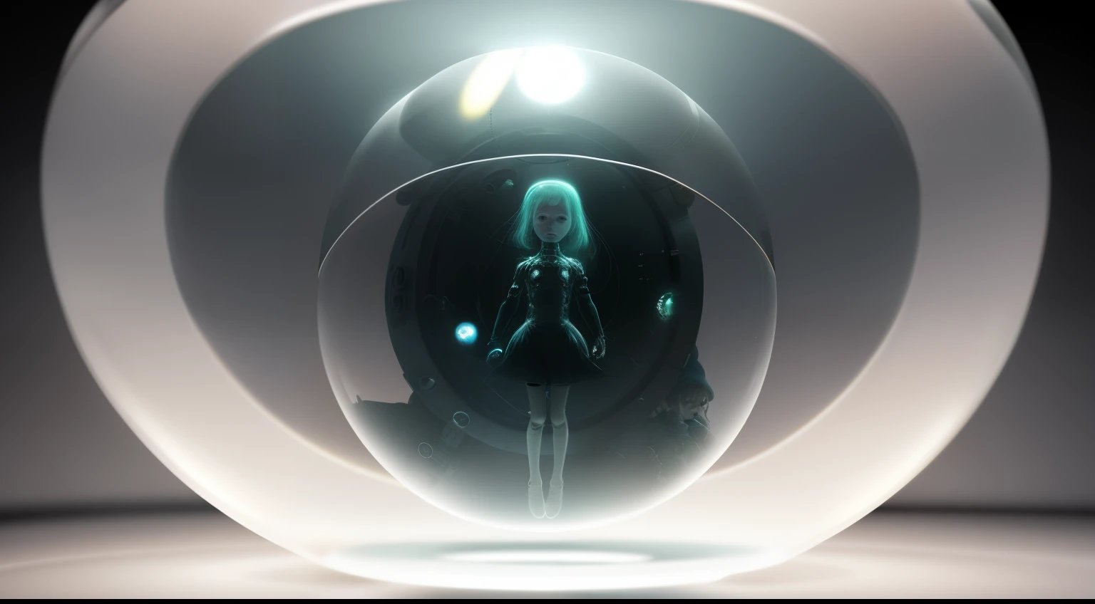 A girl is suspended in the middle of a glass ball, Alien technology
