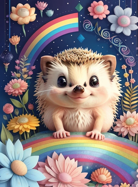 (cute baby hedgehog with a rainbows and flowers), Munchkin ,Geometric multidimensional wall portrait, livro de arte, Tchibi,
Yang08k, Beautiful, Colouring,
Obras, of the highest quality, best quality, Arte Oficial, Beautiful and Aesthetic,