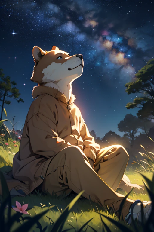 a child sitting on the grass, segurando seu urso, Looking up at the starry sky, look of hope and determination, natureza simples e bela